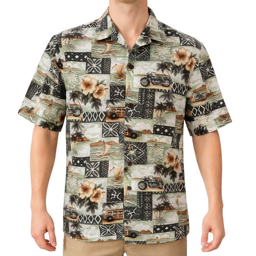 Royal Creations Hawaiian Aloha Shirt‎ Medium Motorcycles Woody Cars Beach Tribal